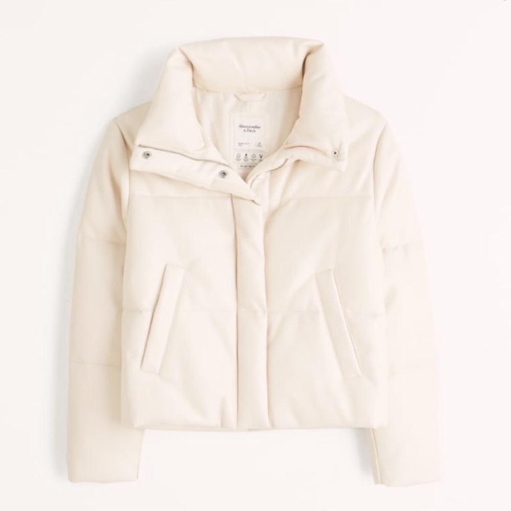 NEW Abercrombie & Fitch Ultra Mini Puffer Jacket Vegan Leather Cream Size XS